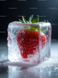 Fresh strawberry frozen inside a melting ice cube