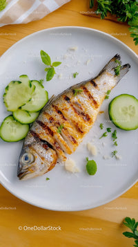 Grilled Fish with Cucumber Slices and Fresh Herbs on White Plate