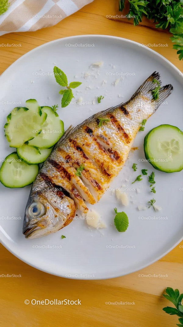 Grilled Fish with Cucumber Slices and Fresh Herbs on White Plate