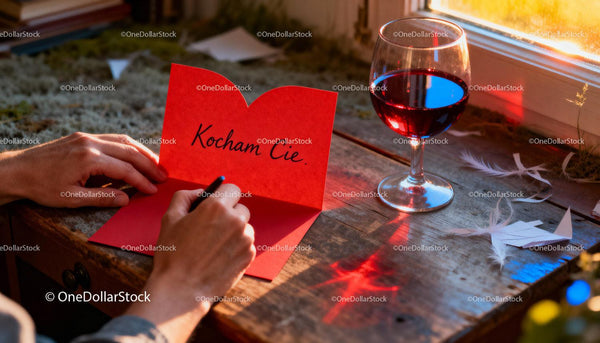 Handwriting a heartfelt love note beside a glass of wine