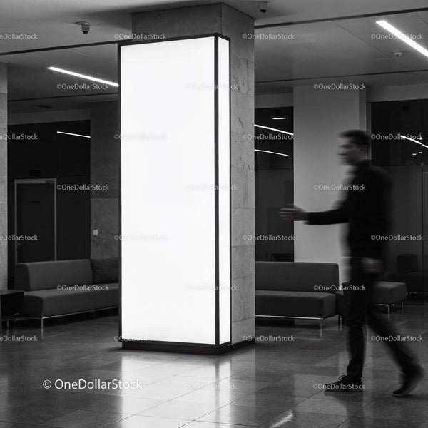 Blurred man walking past illuminated pillar in modern lobby JPG Mockup Image