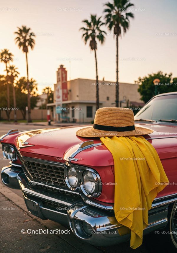 Vintage Red Classic Car with Sun Hat and Yellow Scarf in Sunset Scene