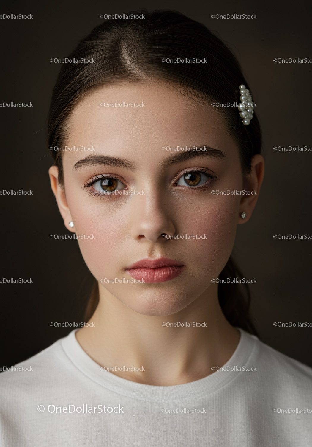 Elegancki portret młodej kobiety z perłową spinką do włosów i naturalnym makijażem