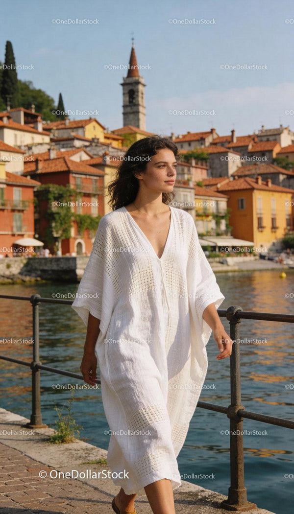 Young woman walking by lake in white summer dress