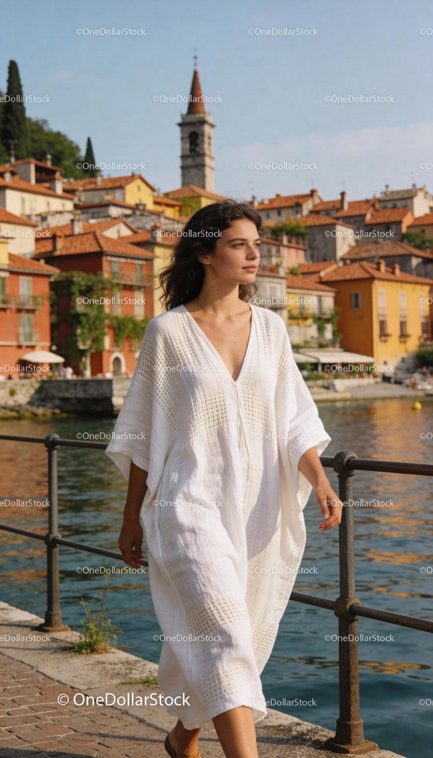 Young woman walking by lake in white summer dress