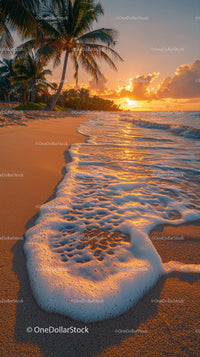 Tropical Beach Sunset with Palm Trees and Ocean Waves
