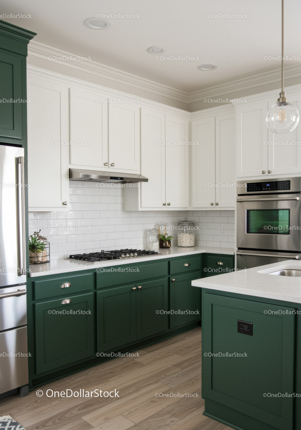 Modern Kitchen with Green Cabinets and White Subway Tile Backsplash