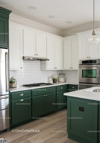 Modern Kitchen with Green Cabinets and White Subway Tile Backsplash