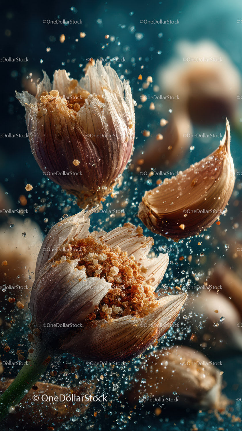Fresh Garlic Cloves and Bulb with Water Splash in Macro Shot