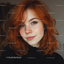 Young Woman with Vibrant Red Curly Hair and Blue Eyes