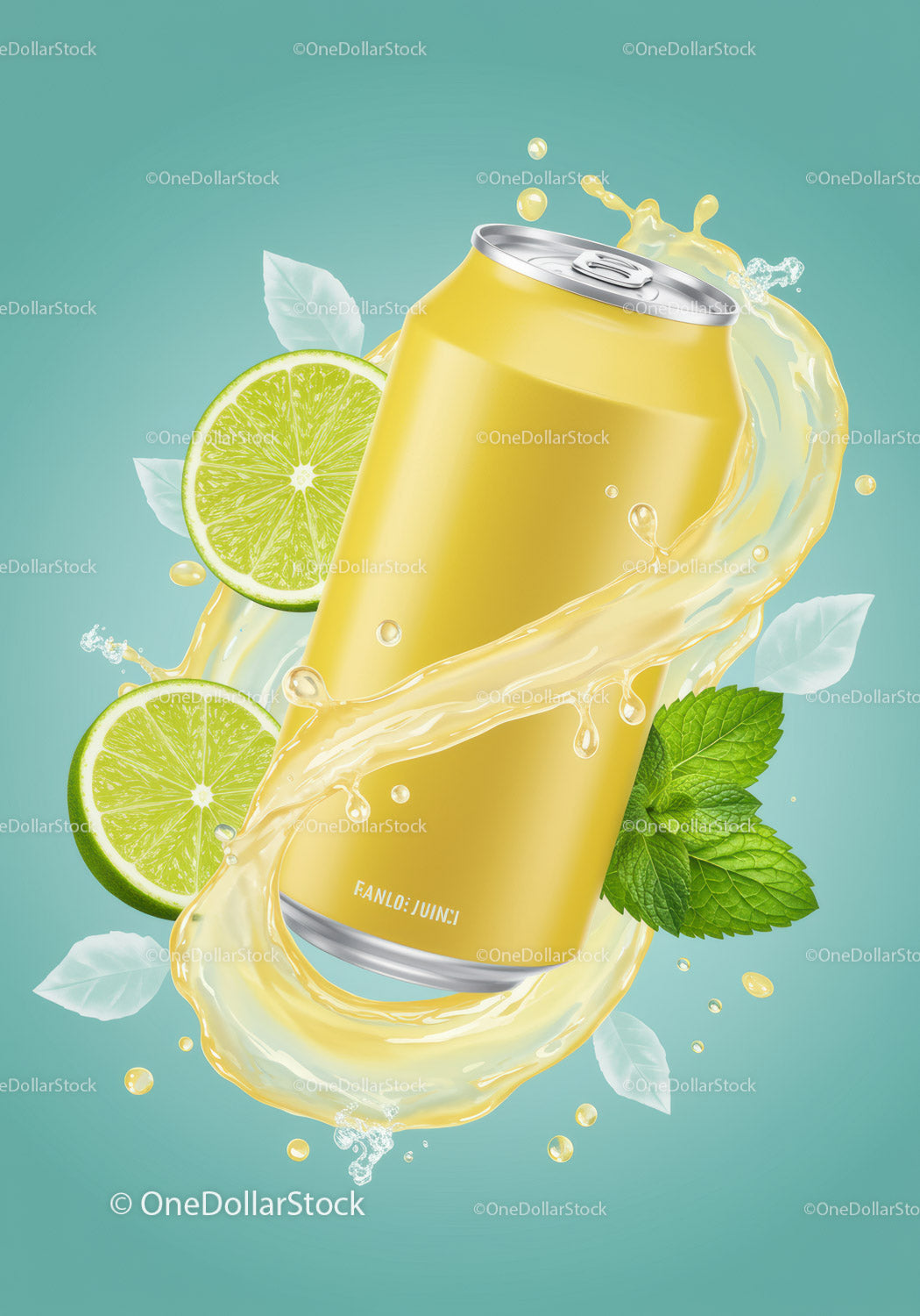 Refreshing citrus drink can with mint and splash