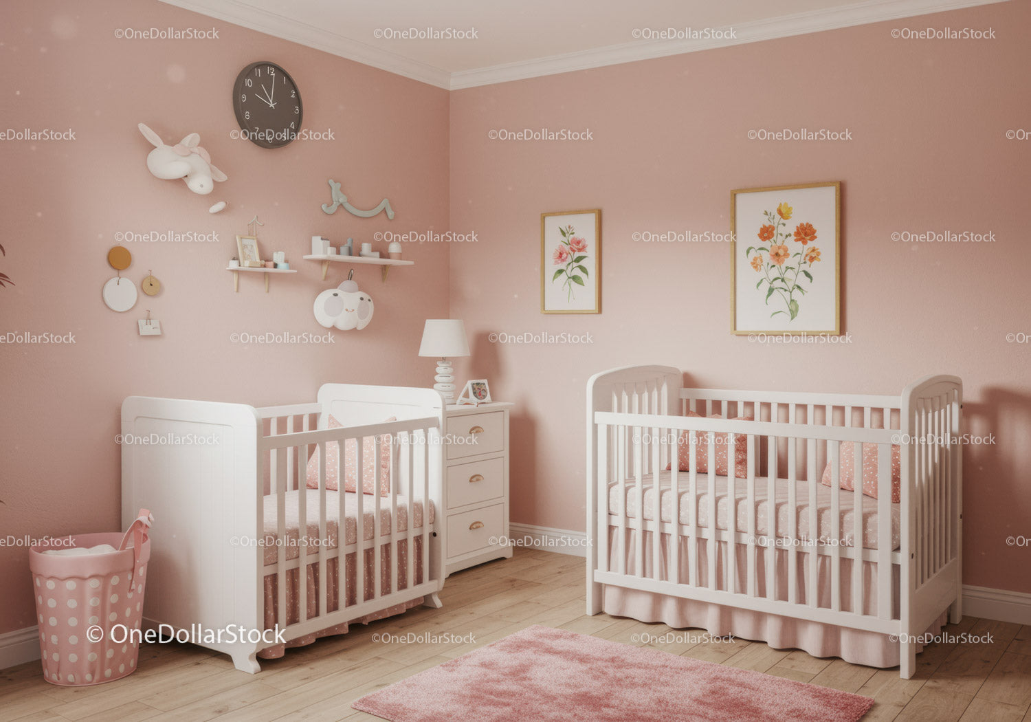 Soft Pink Nursery with Baby Cribs and Floral Wall Art