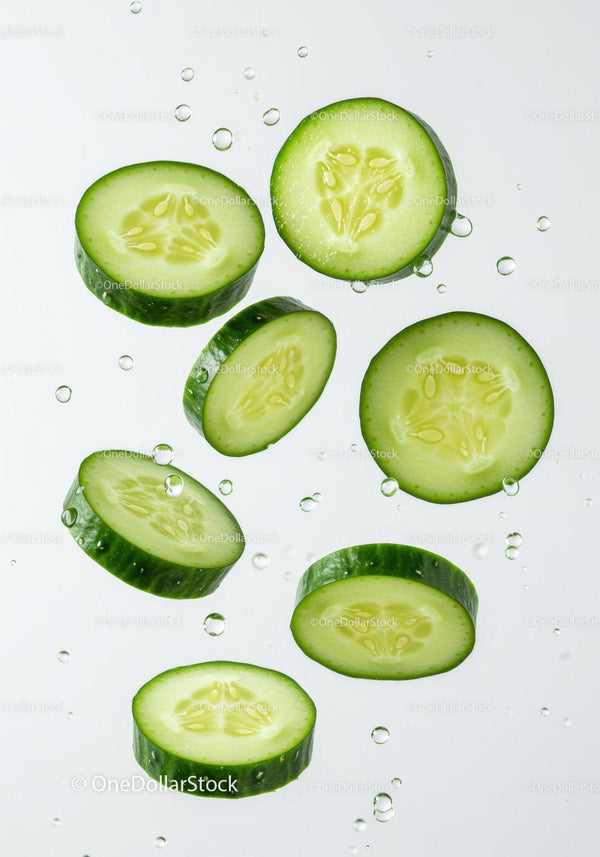 Fresh cucumber slices floating in clear water