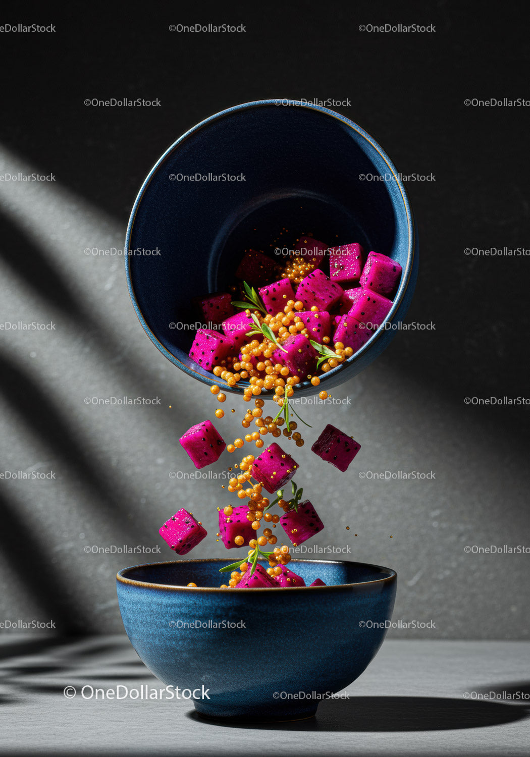 Vibrant Dragon Fruit Cubes and Puffed Grains Falling into Bowl