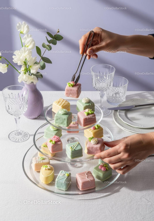 Colorful Assorted Petit Fours on Elegant Tiered Cake Stand with Floral Decor