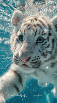 White tiger cub swimming underwater with piercing blue eyes