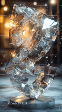 Ice Dollar Sign Sculpture in a Winter City Scene with Reflective Lighting