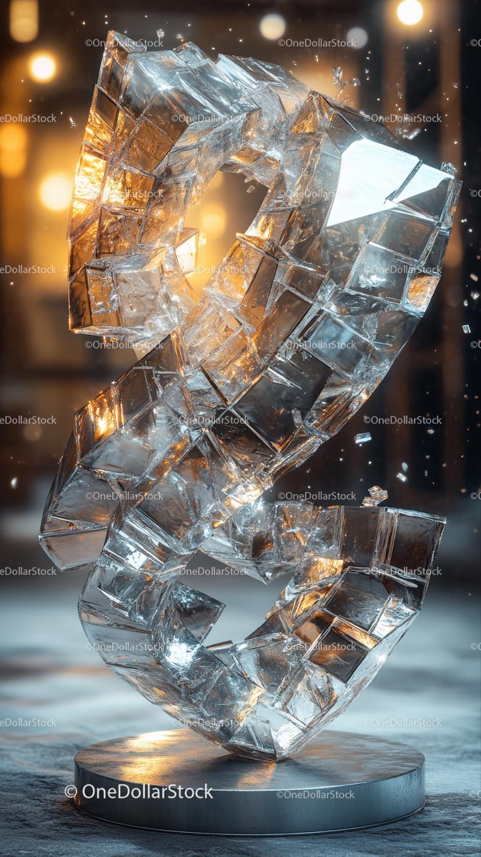 Ice Dollar Sign Sculpture in a Winter City Scene with Reflective Lighting