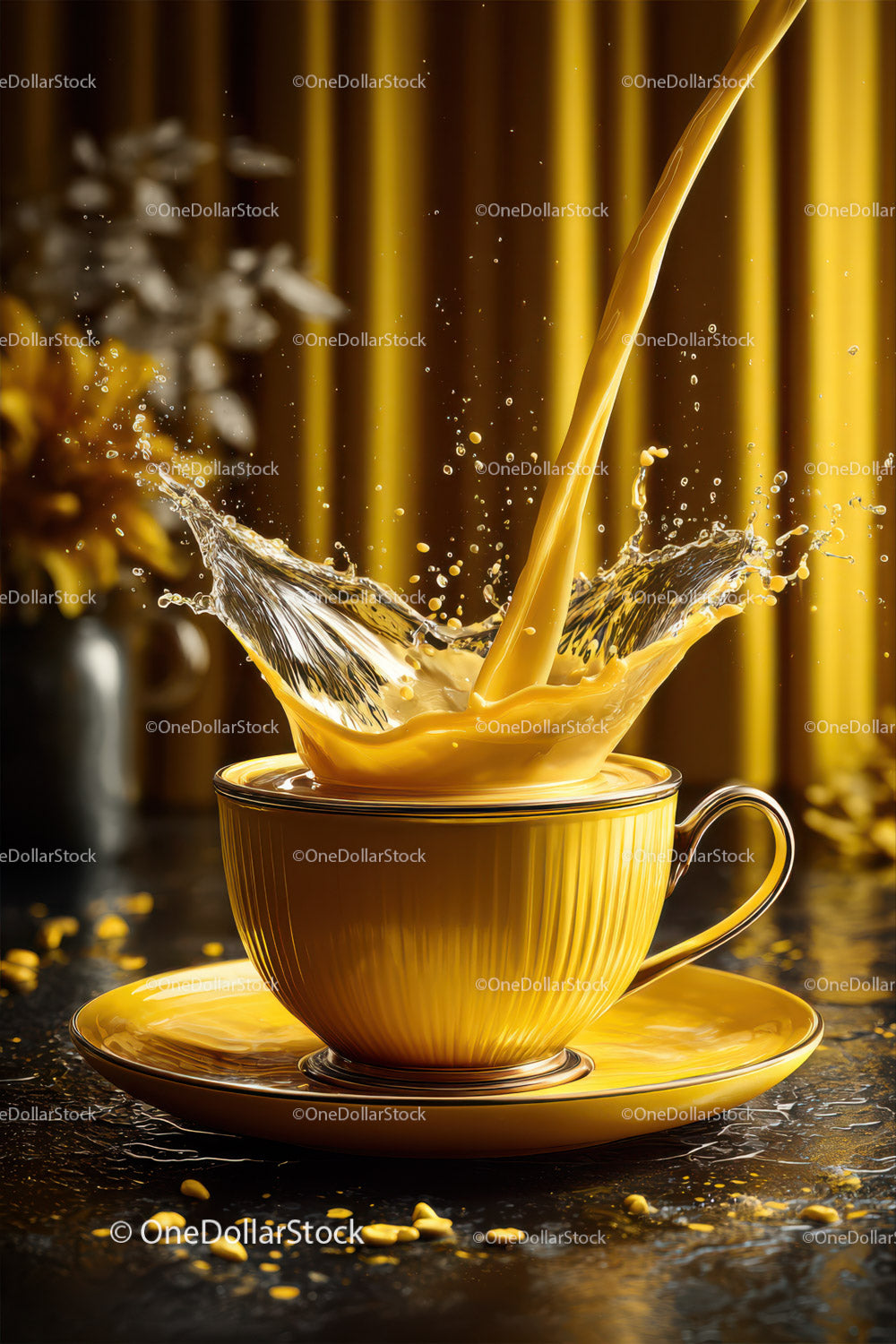 Golden Tea Splash in Elegant Ceramic Cup for Coffee and Tea Ads