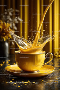 Golden Tea Splash in Elegant Ceramic Cup for Coffee and Tea Ads