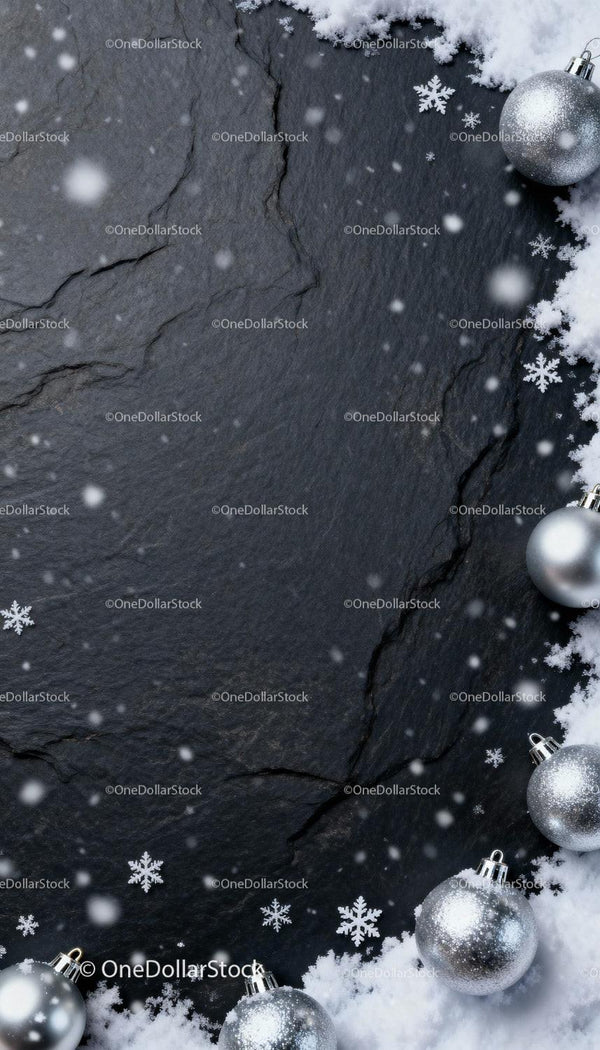 Silver Christmas Ornaments with Snow on Dark Slate Surface