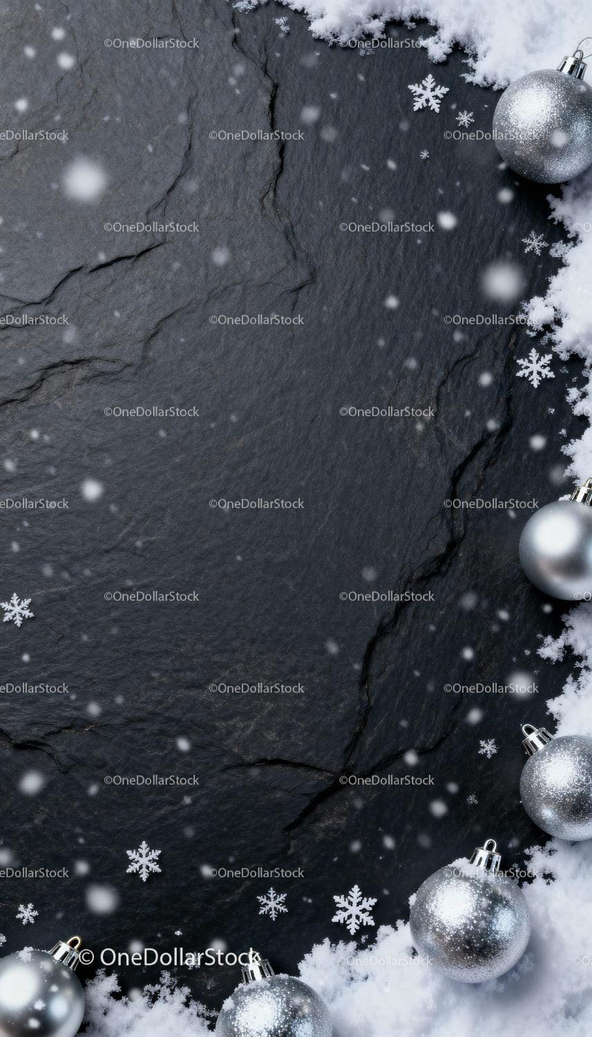 Silver Christmas Ornaments with Snow on Dark Slate Surface