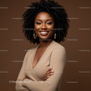 Elegant Black Woman Smiling Wearing Beige Blazer with Gold Earrings