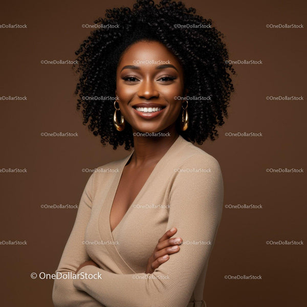 Elegant Black Woman Smiling Wearing Beige Blazer with Gold Earrings