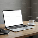 Modern laptop with blank screen on wooden table
