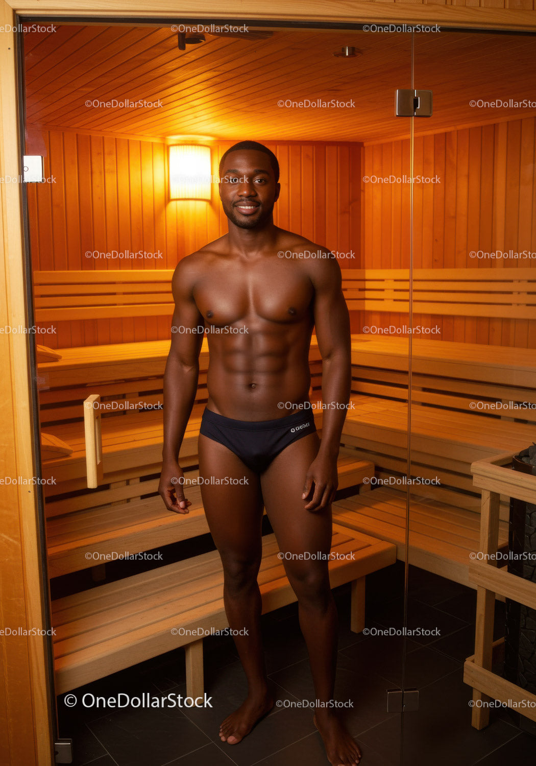 Confident Young Man in Sauna with Wooden Interior and Warm Lighting