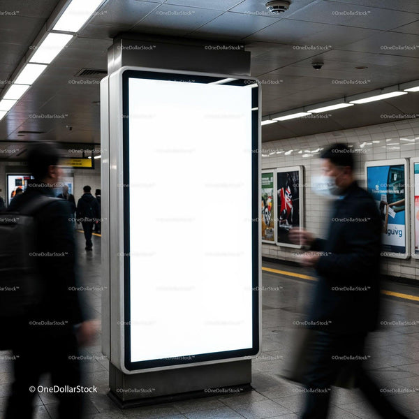 Blank digital billboard in busy subway station JPG Mockup Image