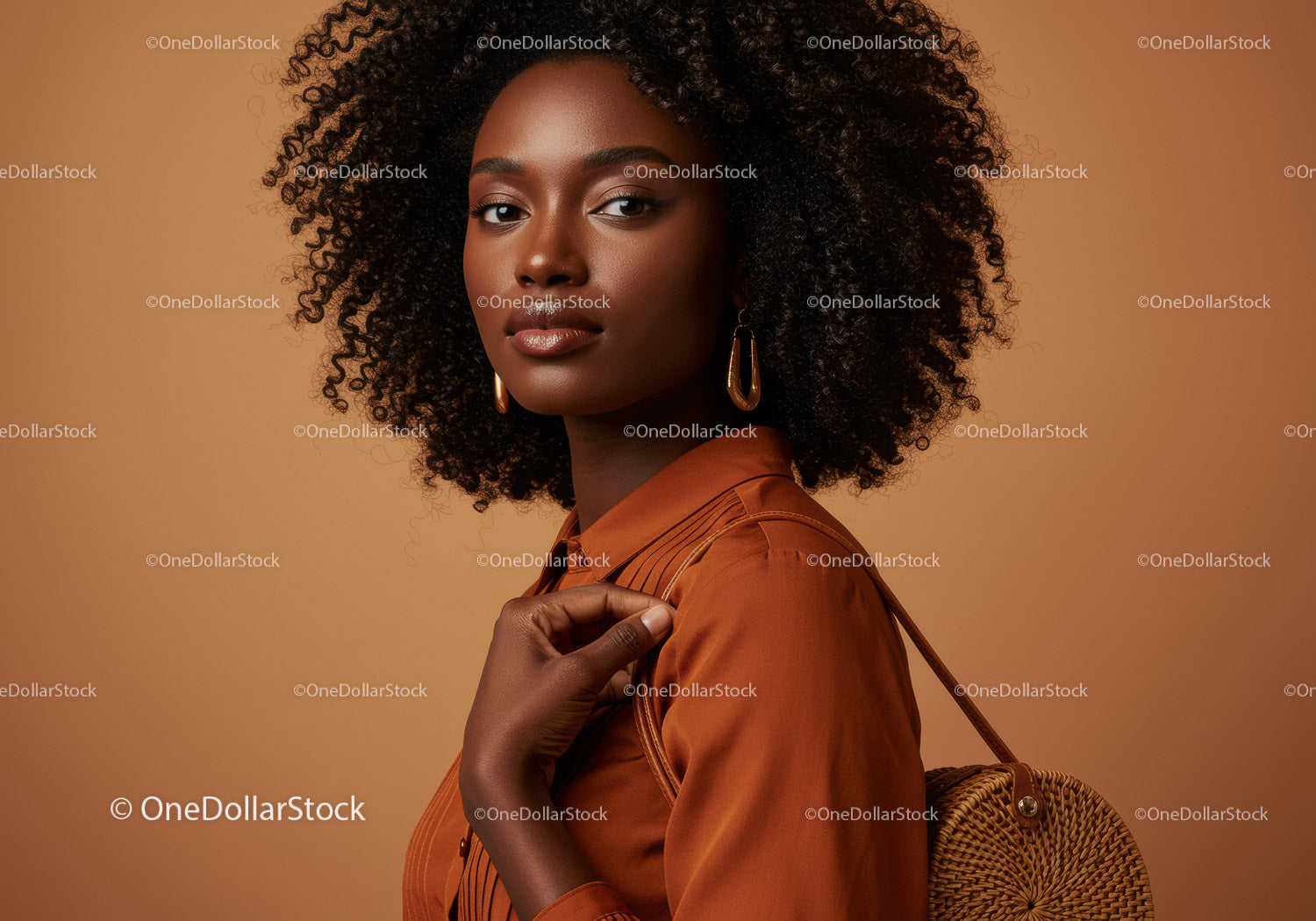 Elegant African Woman Wearing Orange Fashion with Gold Accessories
