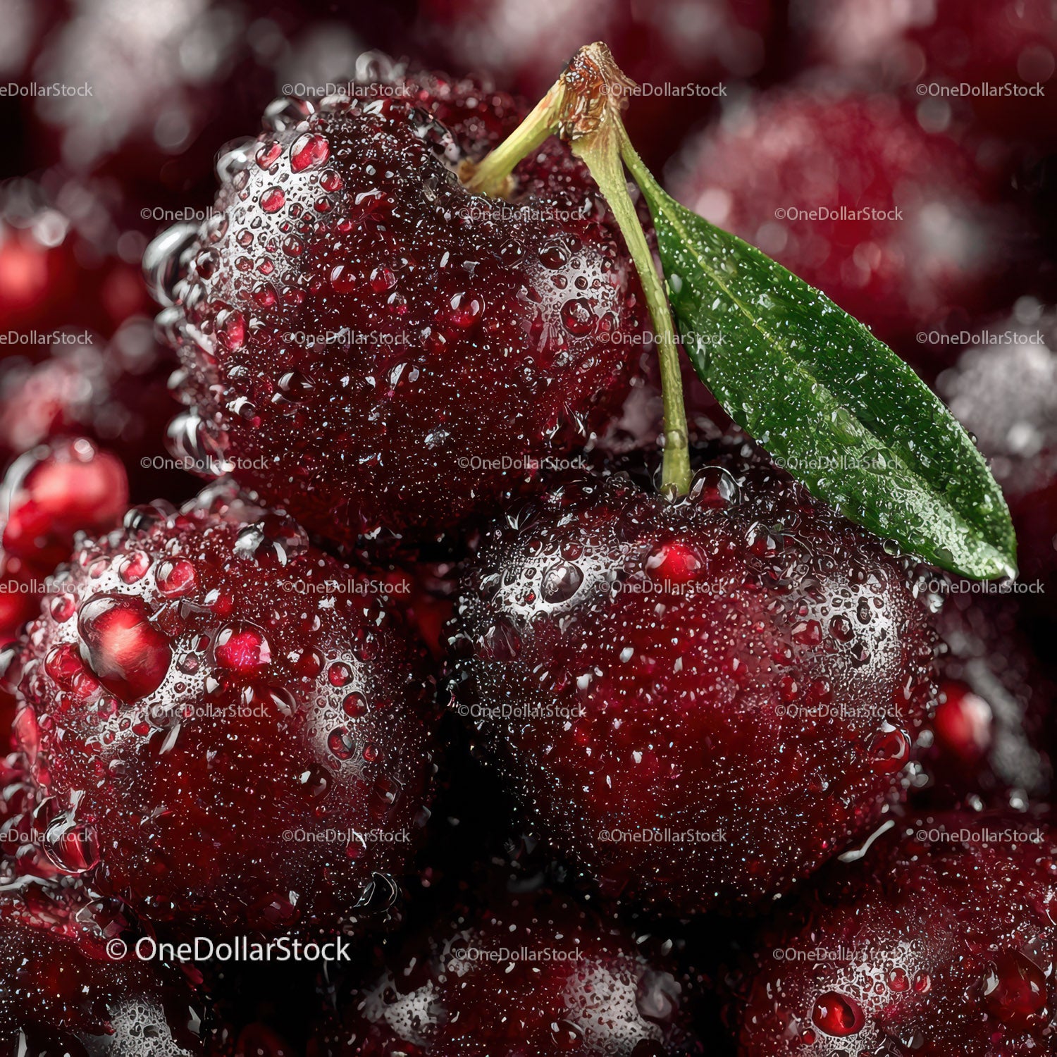 Ripe Dew-Covered Cherries with Water Droplets in Macro View
