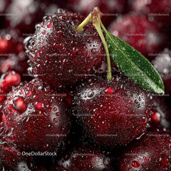Ripe Dew-Covered Cherries with Water Droplets in Macro View