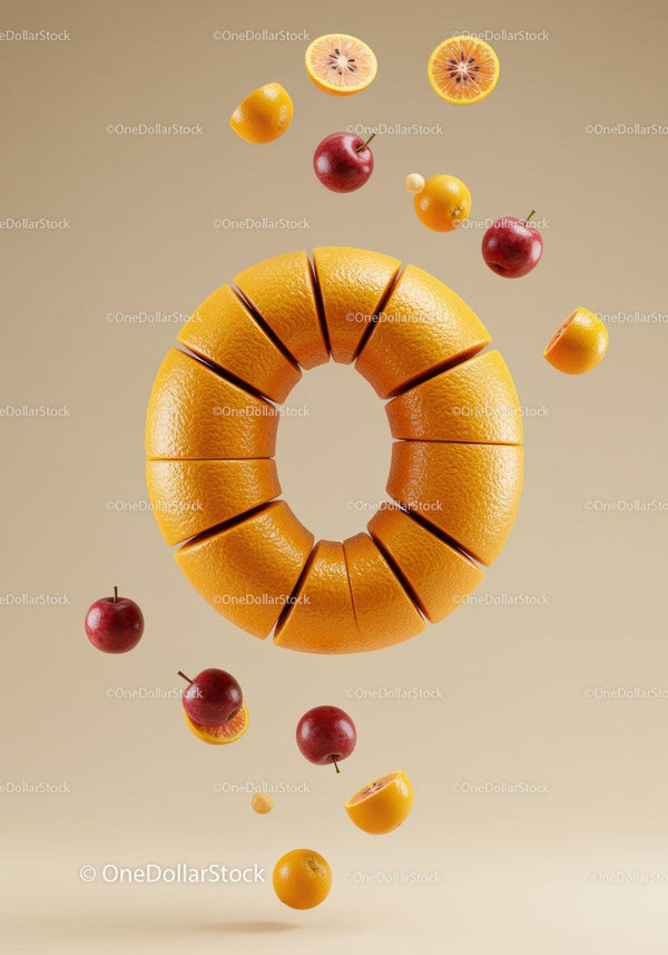 Floating sliced orange ring surrounded by fruits