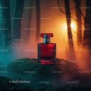 Luxury Red Perfume Bottle in Mystical Forest Scene