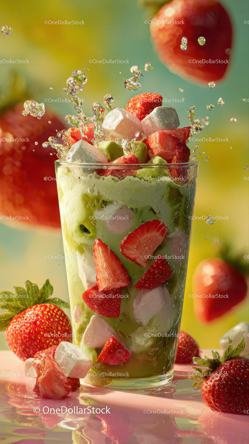 Fresh Fruit Salad with Strawberries Watermelon and Ice Cubes