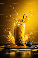 Vibrant Spilling Taro Milk Tea with Tapioca Pearls and Splash