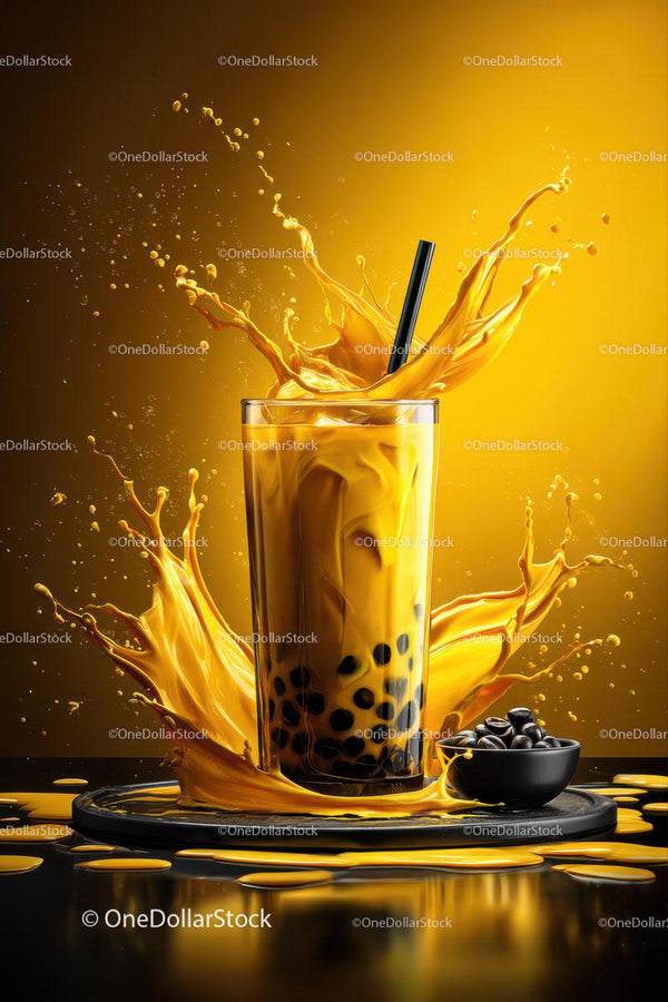 Vibrant Spilling Taro Milk Tea with Tapioca Pearls and Splash