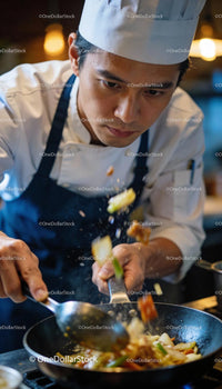 Focused chef skillfully stir-frying fresh vegetables
