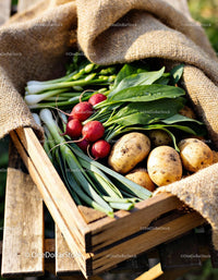 Freshly harvested spring vegetables in wooden crate