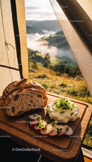 Rustic Bread and Fresh Cream with Radishes Outdoors