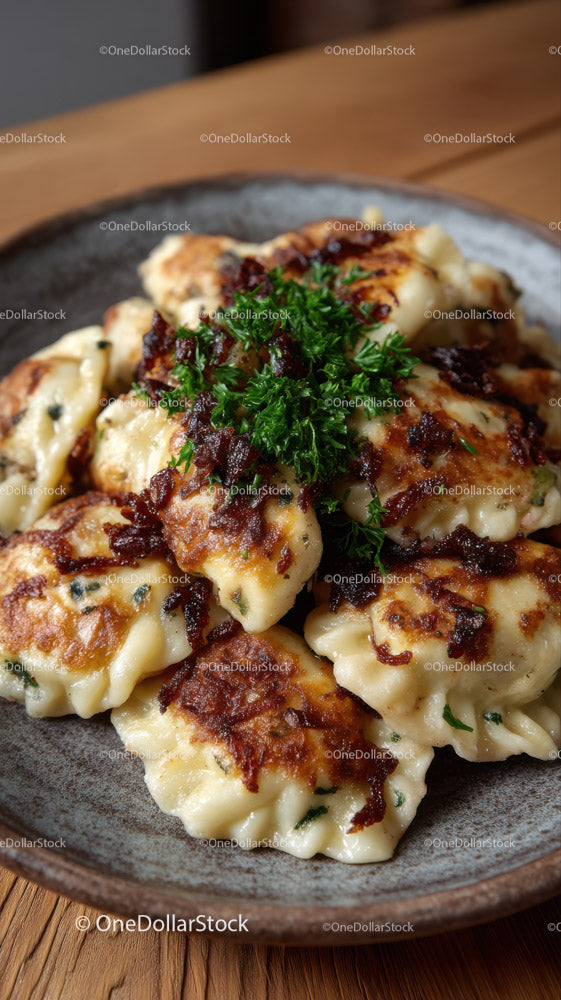 Savory Dumplings with Garlic and Parsley on Rustic Plate