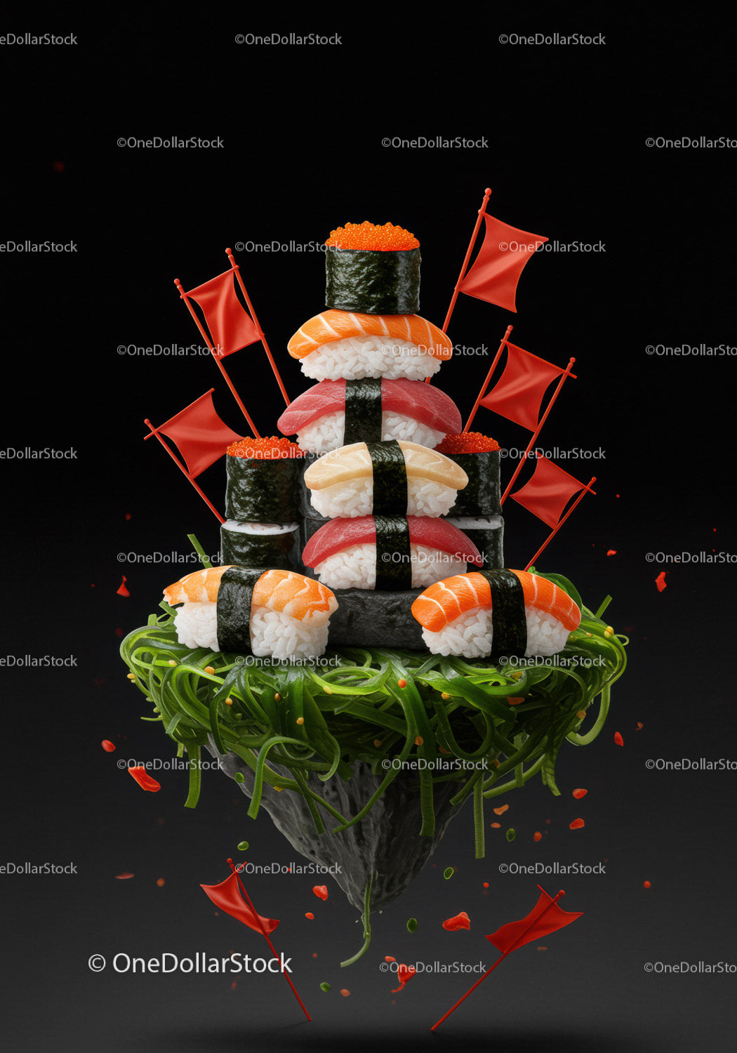 Pływająca wieża sushi na wodorostach z czerwonymi flagami