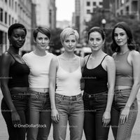 Group of diverse young women standing together outdoors