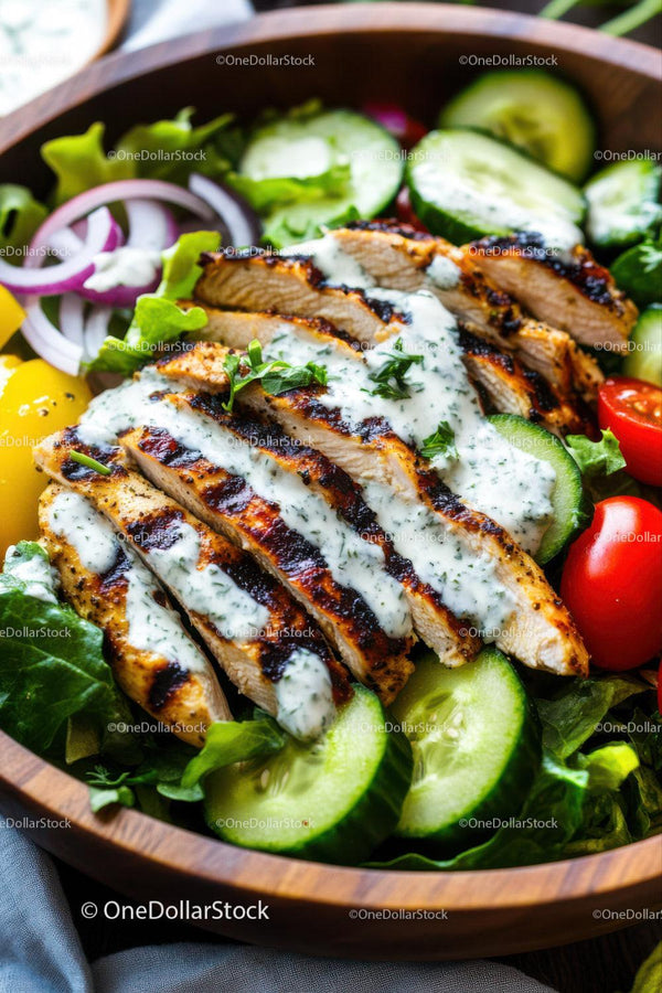 Grilled Chicken Salad with Fresh Vegetables and Herb Dressing Stock Photo Bundle (32 JPG Files)