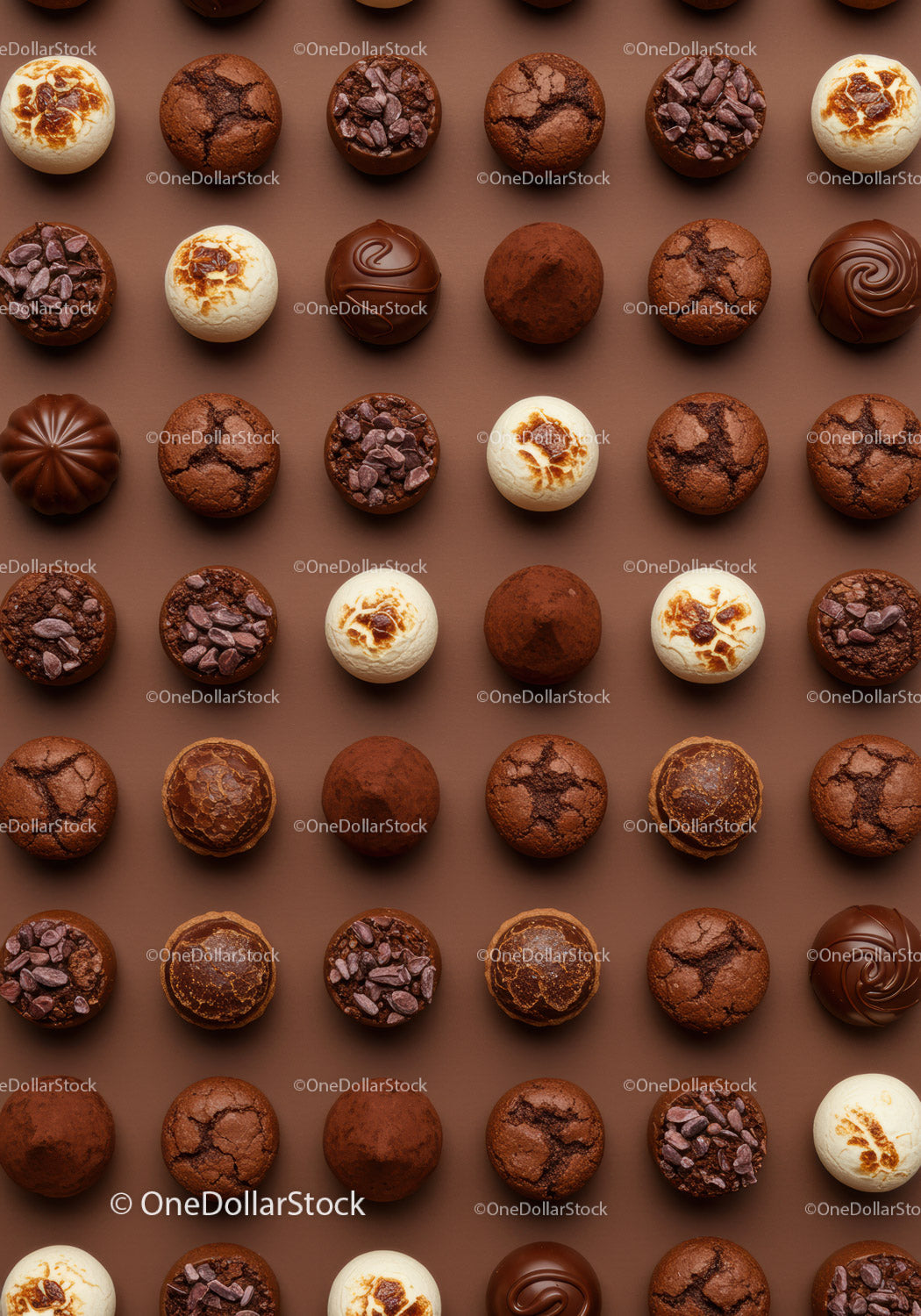 Assorted gourmet chocolates and truffles on brown surface