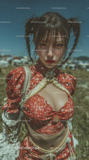 Young Woman in Red Floral Crop Top with Braided Hair Outdoor Portrait