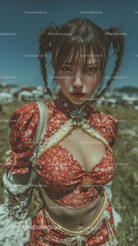 Young Woman in Red Floral Crop Top with Braided Hair Outdoor Portrait