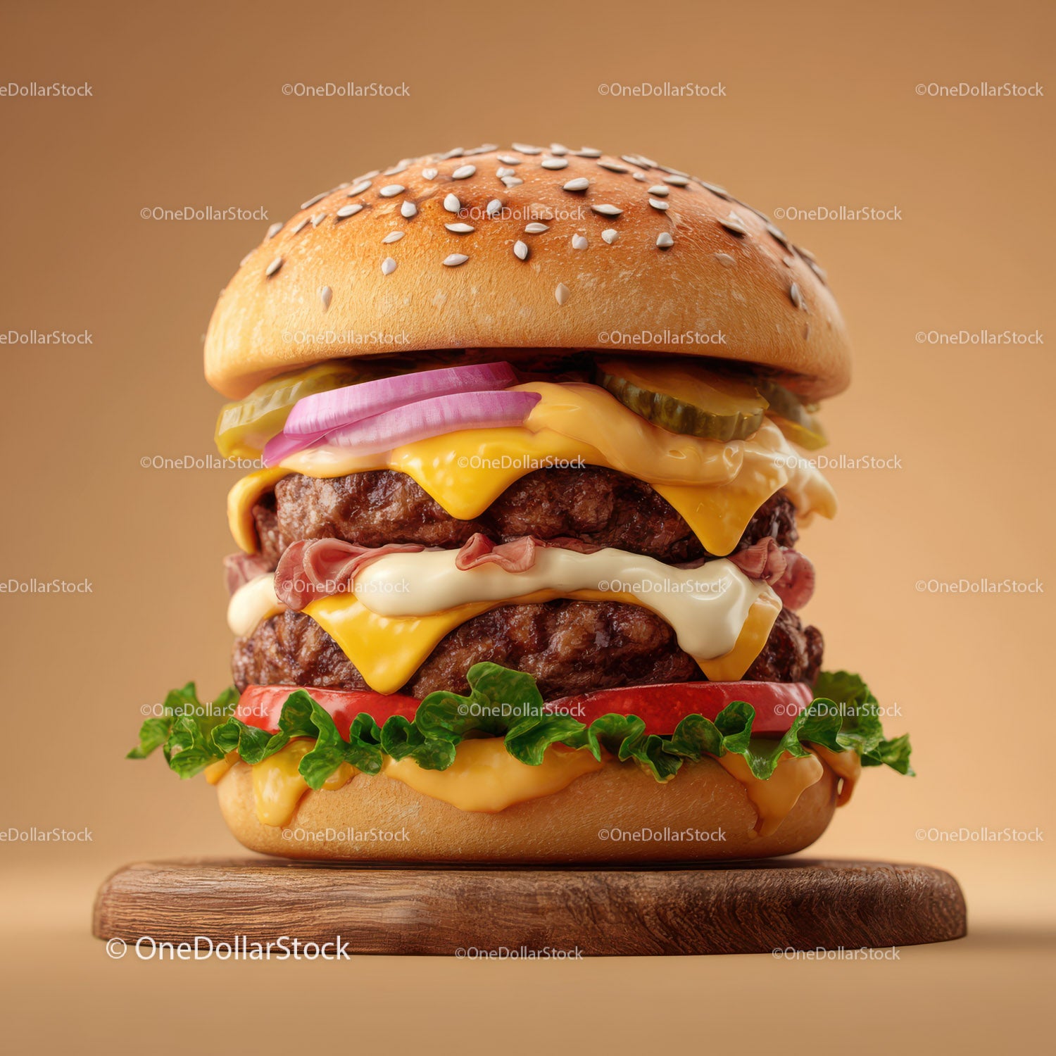Podwójny cheeseburger z sałatą, pomidorem i ogórkami kiszonymi